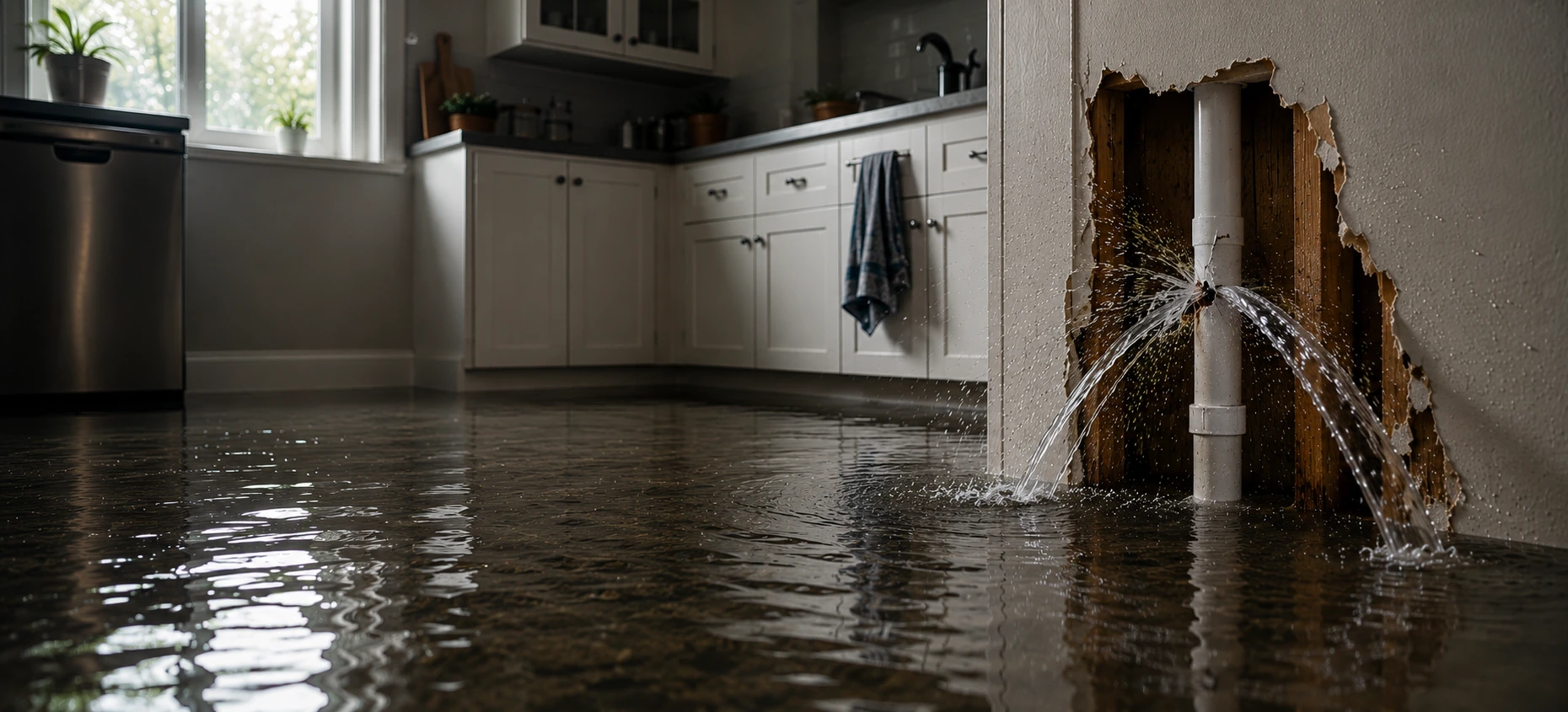 Burst pipe with water spraying